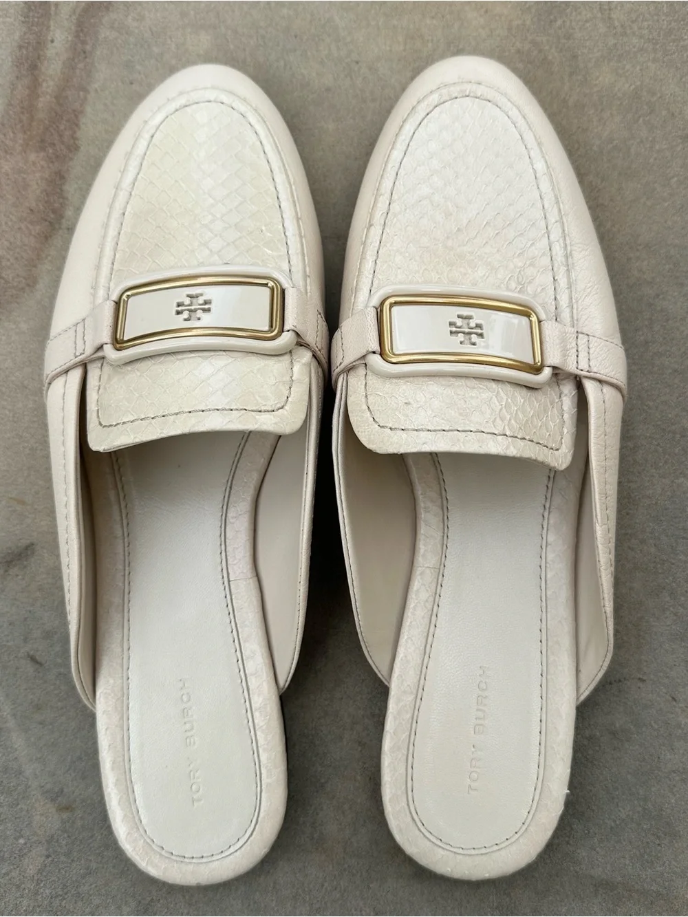Tory Burch Georgia Backless Loafer Mules Cream Snake Embossed Logo Buckle NEW 10